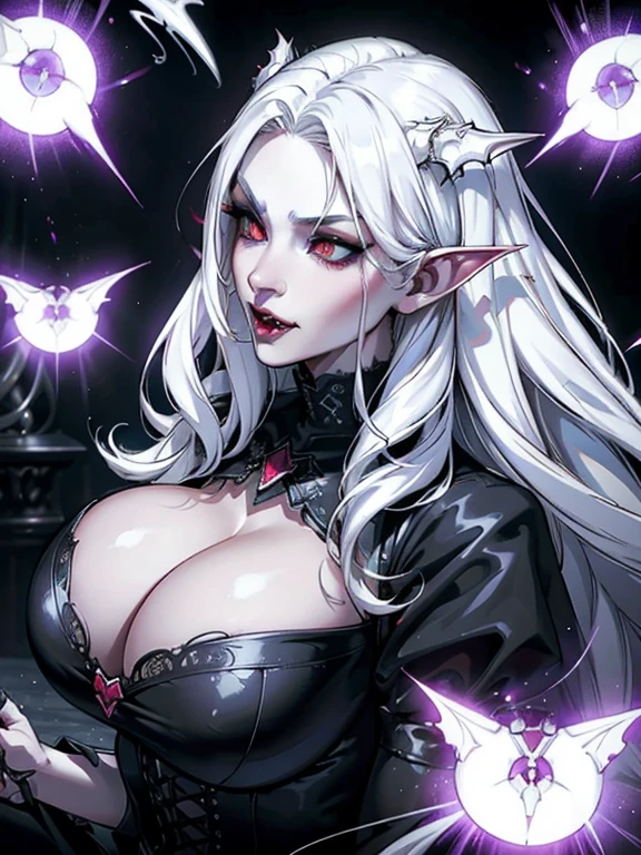 High vampire female, goth Renaissance, white hair, intricate, white glowing eyes, fantastical, vampire, fangs, hyper detailed, 32k resolution, volumetric lighting, hyper detailed, intricately detailed, Unreal Engine 5, volumetric lighting, huge breasts