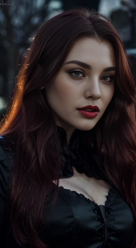 (best quality,ultra-detailed,photorealistic),young vampire woman, beautiful bright eyes, dark red mascara, detailed lips, vampire like makeup, pensive expression, soft lighting,vibrant colors, long flowing Reddish hair, stylish vampire outfit, cemetery background, dark night,serene atmosphere, hourglass figure, 4k details, face, full body pose, shown vampire teeth