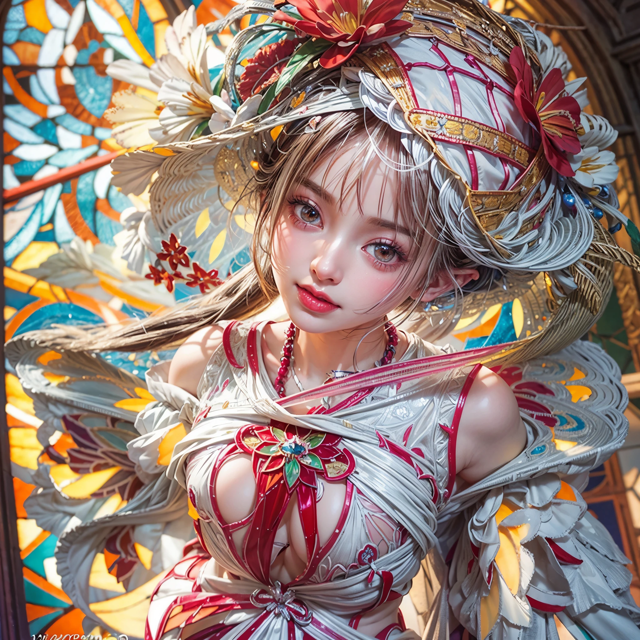 (NSFW:-0.99) . White and Red, (Dazzling colorful light pours down and reflects:1.2), (Physically-based Rendering with incredible detailed Textures), Award-winning Masterpiece of professional Analogue photograpy, { (((Photorealistic:1.37))) | (F4.0, Canon) }, ((Acutance:0.85)) . (A group photo of many KAWAII girls in (school uniform)) with visible Overflowing Cleavage and Navel without bra . (((Extremely detailed KAWAII face variations)) with joyful expressions), { Systemic | Glossy cute Lips Closeup | Detailed natural eyes with sparkling highlights and long eyelashes | Navel | (pretty Ass) | (Overflowing underboob) | Oiled ivory skin Details | White panties with (blood seeping only in crotch area) | ((full of Flowers covering girl's body:1.15)) | (((Dazzling colorful stained glass with stunning elaborate details:1.2))) | Mystic sight | A Halo ling in the air | God rays | Haze | Lens flare | bokeH | Kissing face to face } . Ultra-detailed, (Exposed:0.75), (((Nipple:-0.9))) .