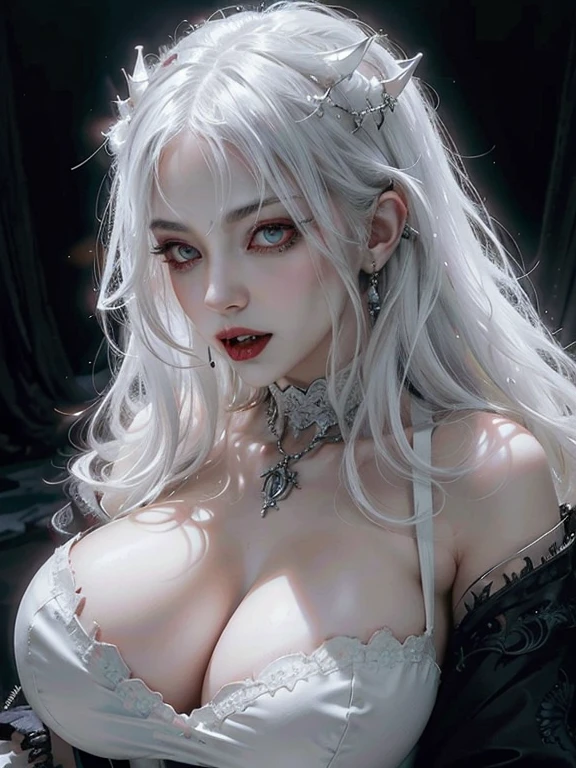 High vampire female, goth Renaissance, white hair, intricate, white glowing eyes, fantastical, vampire, fangs, hyper detailed, 32k resolution, volumetric lighting, hyper detailed, intricately detailed, Unreal Engine 5, volumetric lighting, huge breasts