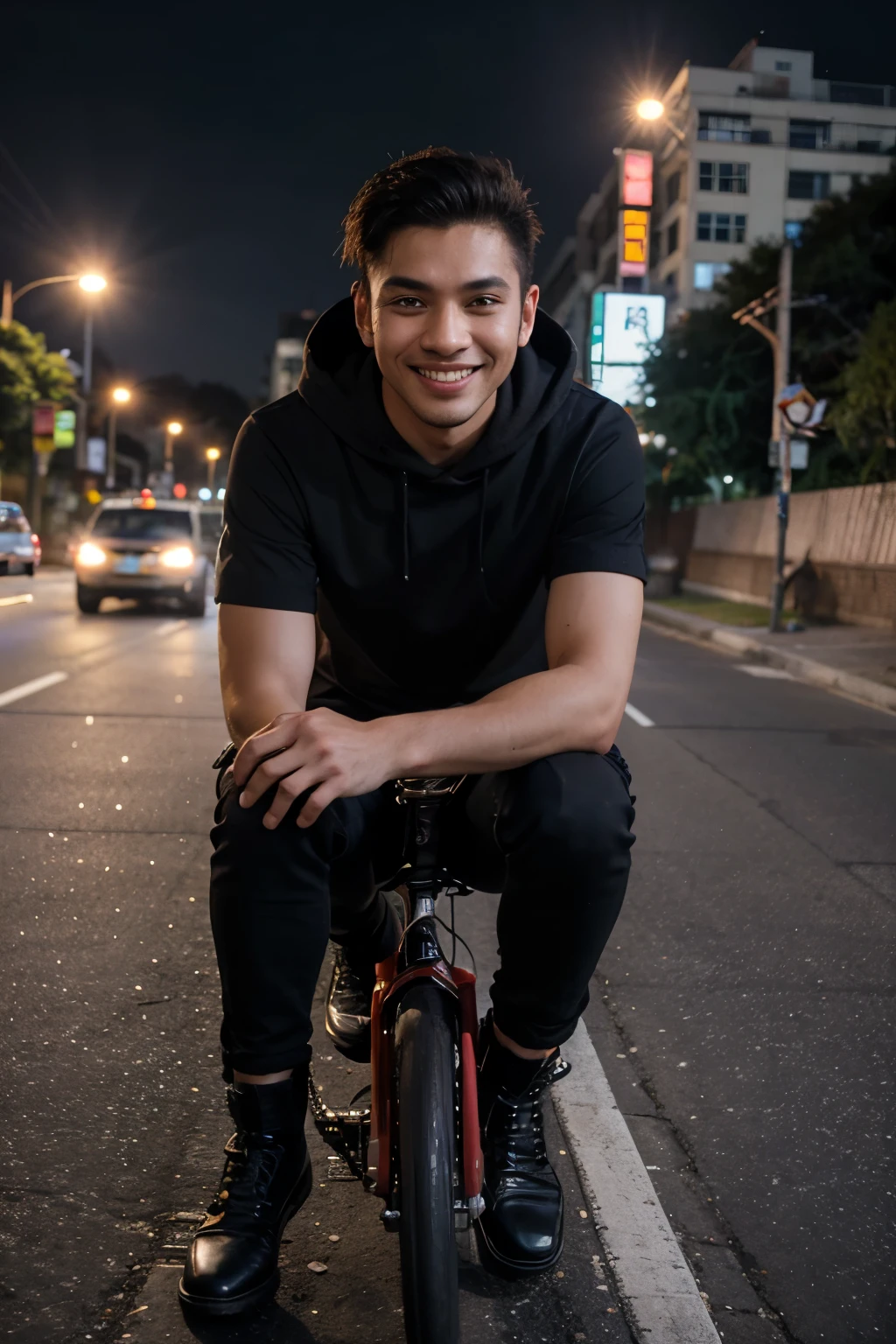 3d 2 malay handsome man wearing black shirt with text name " hafizan hafiz" with red hoodies ,black jeans,black boots,great smile,ride a white R1 ,on the road,at night,city view,hyper realistic ,8k resolution reality,real face , true face ,highway in malaysia