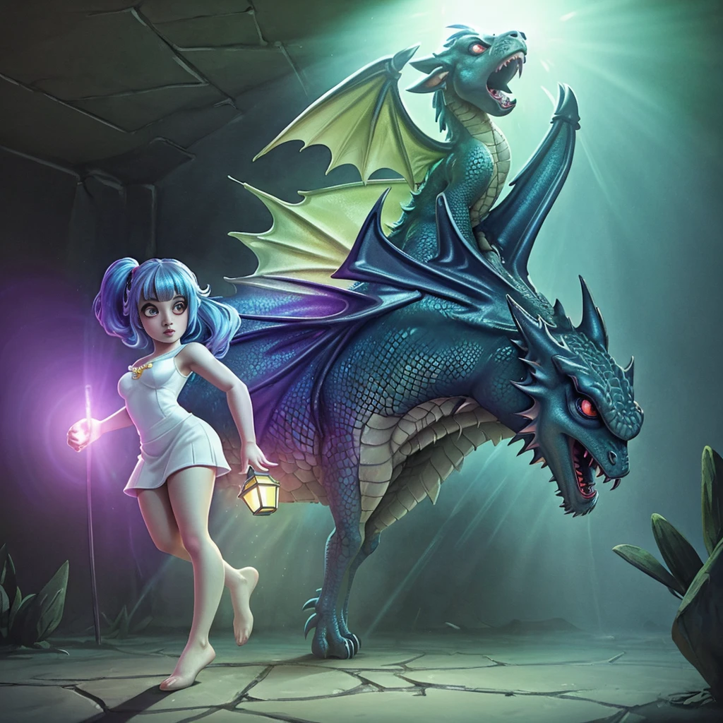 a cute korean large-eyed girl,
slender and small face,
very glossy skin,
slight smile,
bangs twin tail,
bottom view,
Perfect Anatomy,
fairytale manga style,
croquis,
creepy atmosphere rough texture,
blight shades,
vintage watercolor,
rotten paint,
octane rendering,
3D rendering,
nightmarish visuals,
dragon,
volumetric lighting,
night time,
dragon scales,
surrealistic and fantastic dreamy landscapes,
provocative pose,
dynamic pose,
beautiful legs,
sfumato,
surrealism,
cinematic,
masterpiece,
combines fantasy and reality,
fairytale elements,
smooth,
Strong and contrasting colors,
vivid colors,
rich colors,
combination of various colors and shades,
highly details,
best Quality,
Tyndall effect,
good composition,
free composition,
spatial effects,
lively and deep art,
warm soft light,
three-dimensional lighting,
volume lighting,
back lighting hair,
Film light,
dynamic lighting