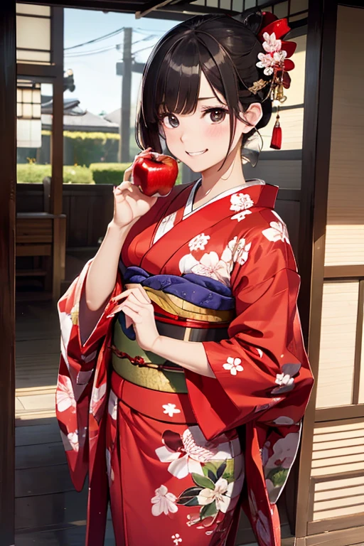 (8K), (Best Quality), (masutepiece: 1.2) Cute woman biting a red apple ((Wearing kimono))