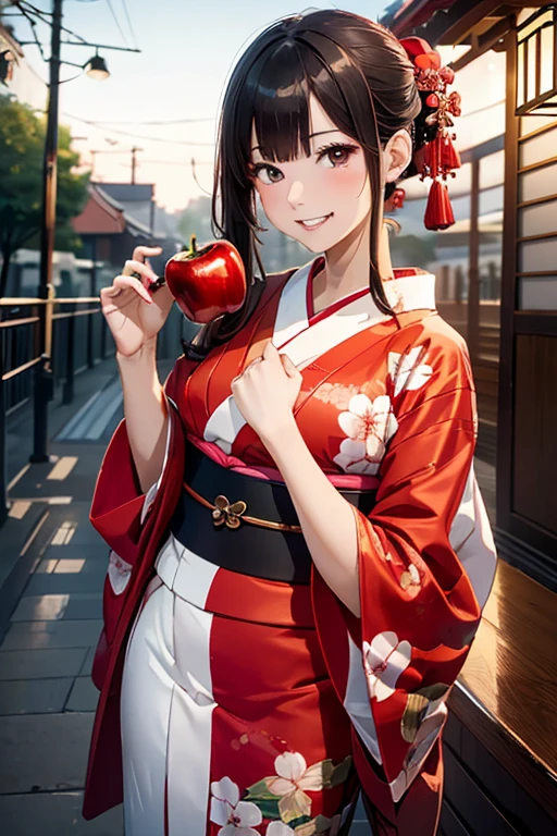 (8K), (Best Quality), (masutepiece: 1.2) Cute woman biting a red apple ((Wearing kimono))