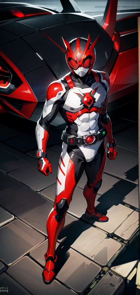 Kamen Rider, Red eyes, White Gear, standing, full body, Red symbol