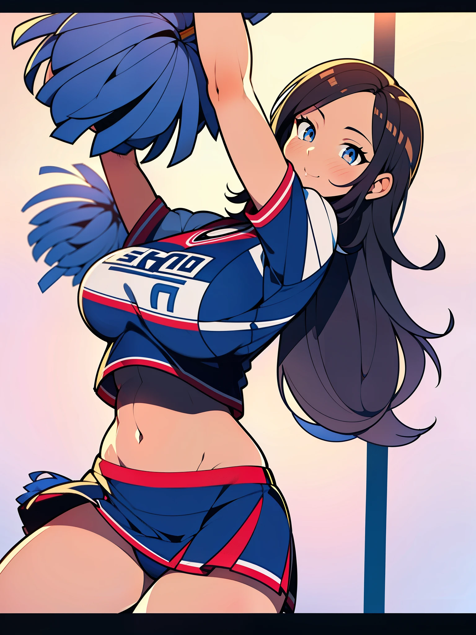 (8K, Best quality at best, tmasterpiece:1.2),\(Eyes detailed\),\(facial feature\),(\(Clothes detail details\)\),(1 girl:1.3),(Alone:1.35),Full body lesbian,30 age old,(Oda non:1.3),(blond hair blue eyes:1.2),mature female,milf,huge breasts,the girl with big breasys,sagging breasts,(a slender waist:1.2),navel,(cute cheerleading uniform:1.2),crop tops,Cheerleading action attention,an sexy,A mature woman,cute cheerleader、Decided Pose,