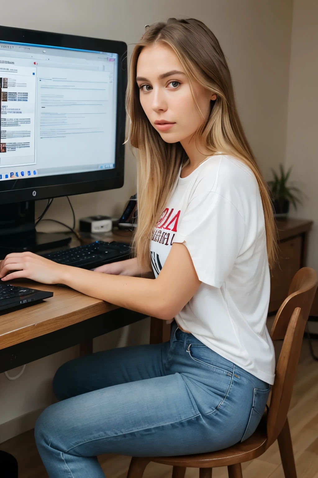 4k, RAW photo, best quality, ultra high resolution, photorealistic, photorealistic woman, natural brown eyes, symmetrical eyes, thin face, looks at computer, ultra realistic photo, minutely detailed, normal skin, Sophie Mudd, Nicole Aniston, blonde hair , long hair, tied hair, full body, natural makeup, subtle makeup, ultra realistic photo, real face, full body photo, sitting, working on computer, correct outfit, professional outfit, wears jeans, wears a t-shirt, concentrated on the computer