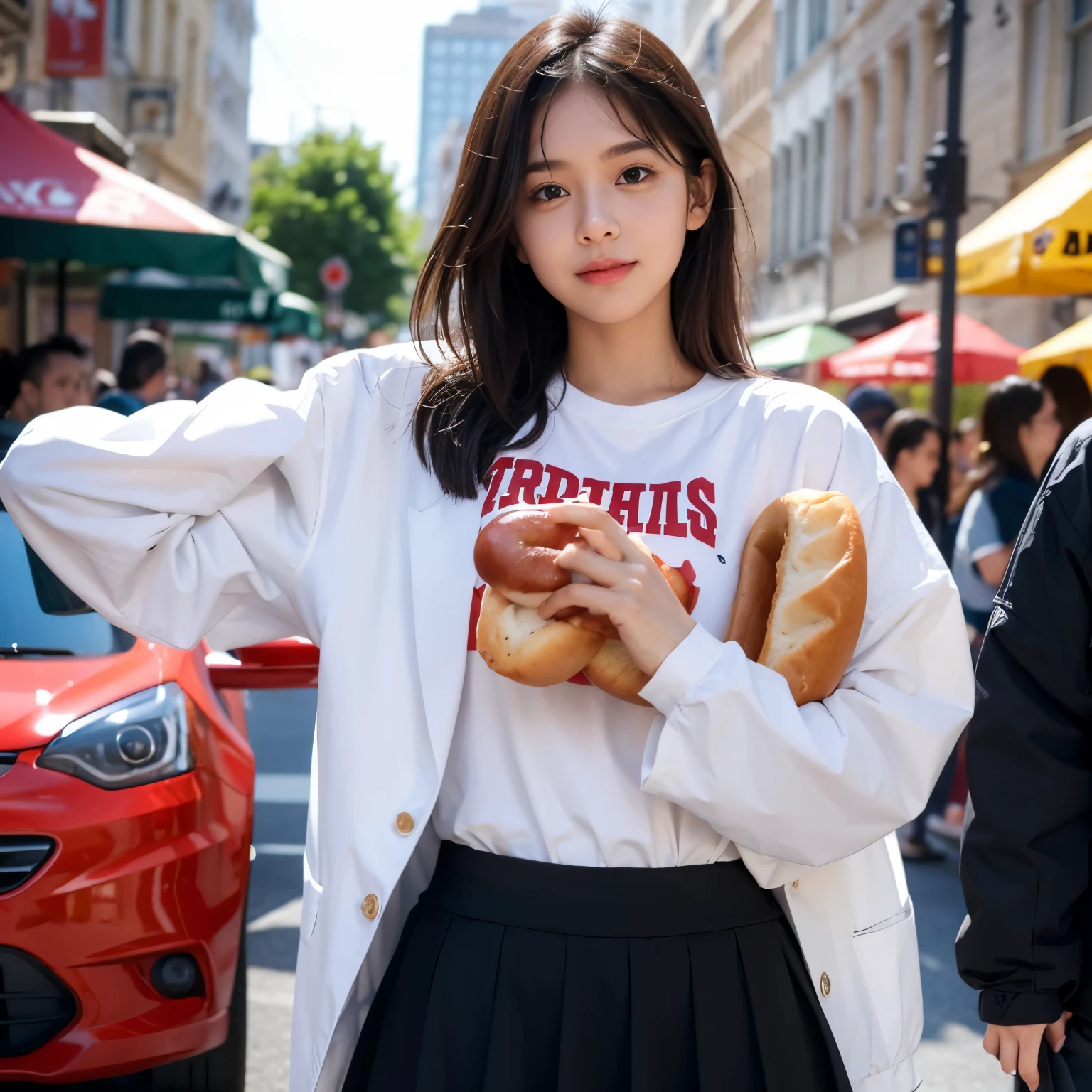 A girl wearing clothes and a skirt,four arms four hands,Holding a hot dog in each hand