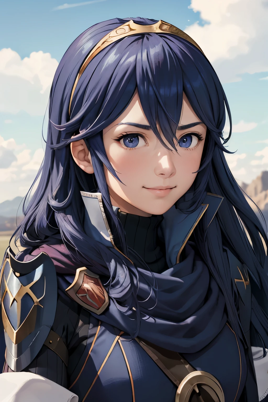 masterpiece, best quality, defLucy, symbol-shaped pupils, tiara, blue scarf, blue coat, shoulder armor, long sleeves, cuffs, belt, fingerless gloves, upper body, looking at viewer, furrowed brow, blue sky, clouds, furrowed brow, smile