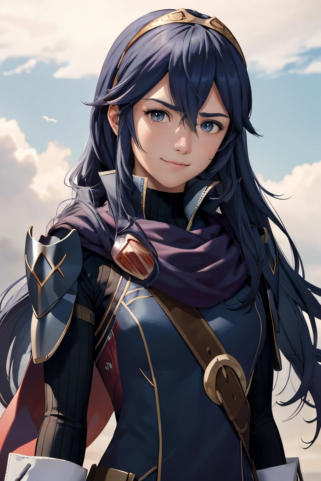 masterpiece, best quality,  defLucy, symbol-shaped pupils, tiara, blue scarf, blue coat, shoulder armor, long sleeves, cuffs, belt, fingerless gloves, upper body, looking at viewer, furrowed brow, blue sky, clouds, furrowed brow, smile