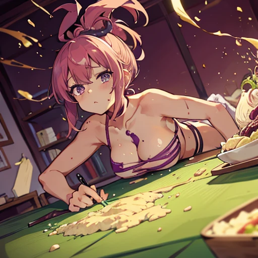 Half-naked pastry chef covered in running grape parfait ramen、Severely torn clothes are scattered、Matcha powder sandstorm with unstable buoyancy、Amazing dynamism、Amazing Angle