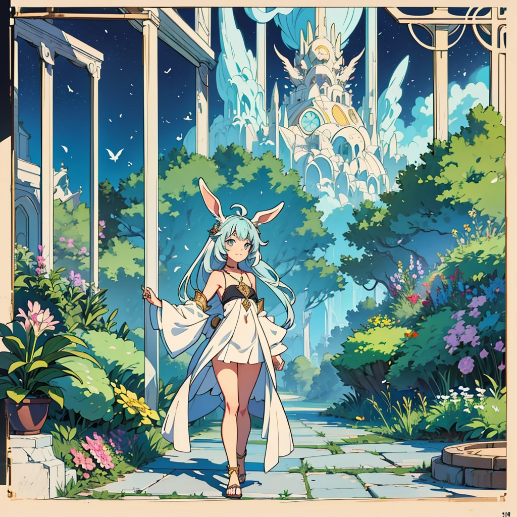 master piece, High-quality, High-resolution, Realistic Anime Style, Chaotic Main Color, Top-down Camera Angle, Full-body Subject Range, Looking back angle, Front-facing Subject Orientation, (rabbit ears and tail), Mysterious elf Girl Standing in a Chaotic Background, Ethereal Lighting, Strange creatures as Sub Subjects, Still Pose, Beautiful Facial Features, Wonderous Smile Expression, Long Straight Hair, platinum Hair Color, Casual Fantasy Outfit, Large Eyes, Small Mouth, Light Blue Eye Color, Smooth Skin Texture, Exposed Skin with Sleeveless Top, Moderate Bust Size, Young Age, Slim Body Type, Subtly Alluring, Shell Necklace as an Accessory, Holding a magic book, Wearing Sandals, Flower Embroidery, Surrounding Colorful Rabbit Mascot and little Birds, Mysterious Space Location, Cluttered and Mysterious Objects Overflowing in the Background, Softly Glowing Lights as Background Effects, Unknown Structures in the Background, Flying Petals and Enchanting Plants as Natural Elements, Clear Weather, Daytime Atmosphere, (Labyrinth Suite, Final Fantasy, Love Plus, labyrinth suite, awake inheritance, Enchanted Legend:1.2), (Drawings are rich and delicate:1.3)