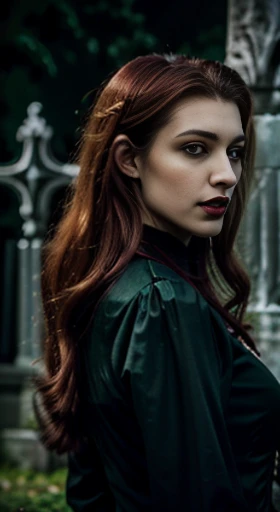 (best quality,ultra-detailed,photorealistic),young woman vampire, beautiful bright eyes, dark red mascara, detailed lips with green lipstick, pensive expression, soft lighting,vibrant colors, long flowing Reddish hair, stylish vampire outfit, cemetery background, dark night,serene atmosphere, hourglass figure, 4k details, erotic face, full body pose, shown vampire teeth