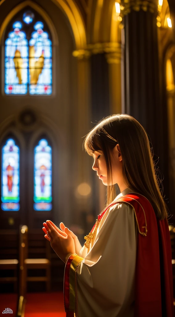 (best quality,4k,8k,highres,masterpiece:1.2),ultra-detailed,(realistic,photorealistic,photo-realistic:1.37),year-end,holy night,1girl,mysterious light,church,temple,divine favor,divine blessing,praying girl,devout believer,Virgin Mary,inside the church,a devout believer girl praying inside the church.