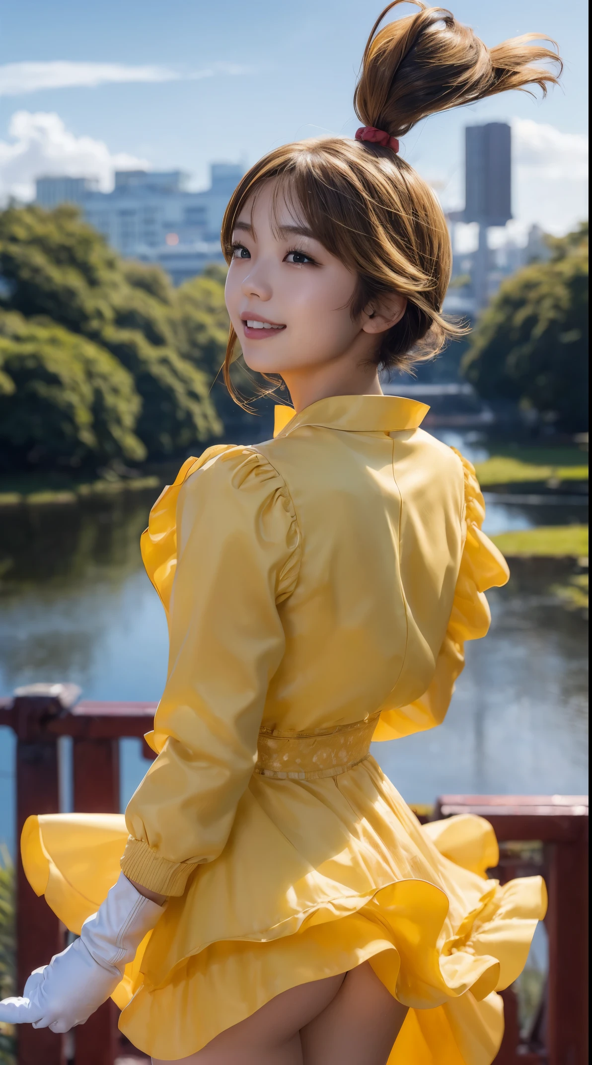 ((masterpiece,best quality)),1girl,solo, (((Chisato Nishikigi))), short hair, light yellow hair, solo, dress, detail eyes, looking at viewer, long sleeves, standing, sexy red lingerie, gloves,hair ornament, smile, floating hair, dutch angle, closed mouth, looking away, (center park),cloudy sky, blue sky, warm color,