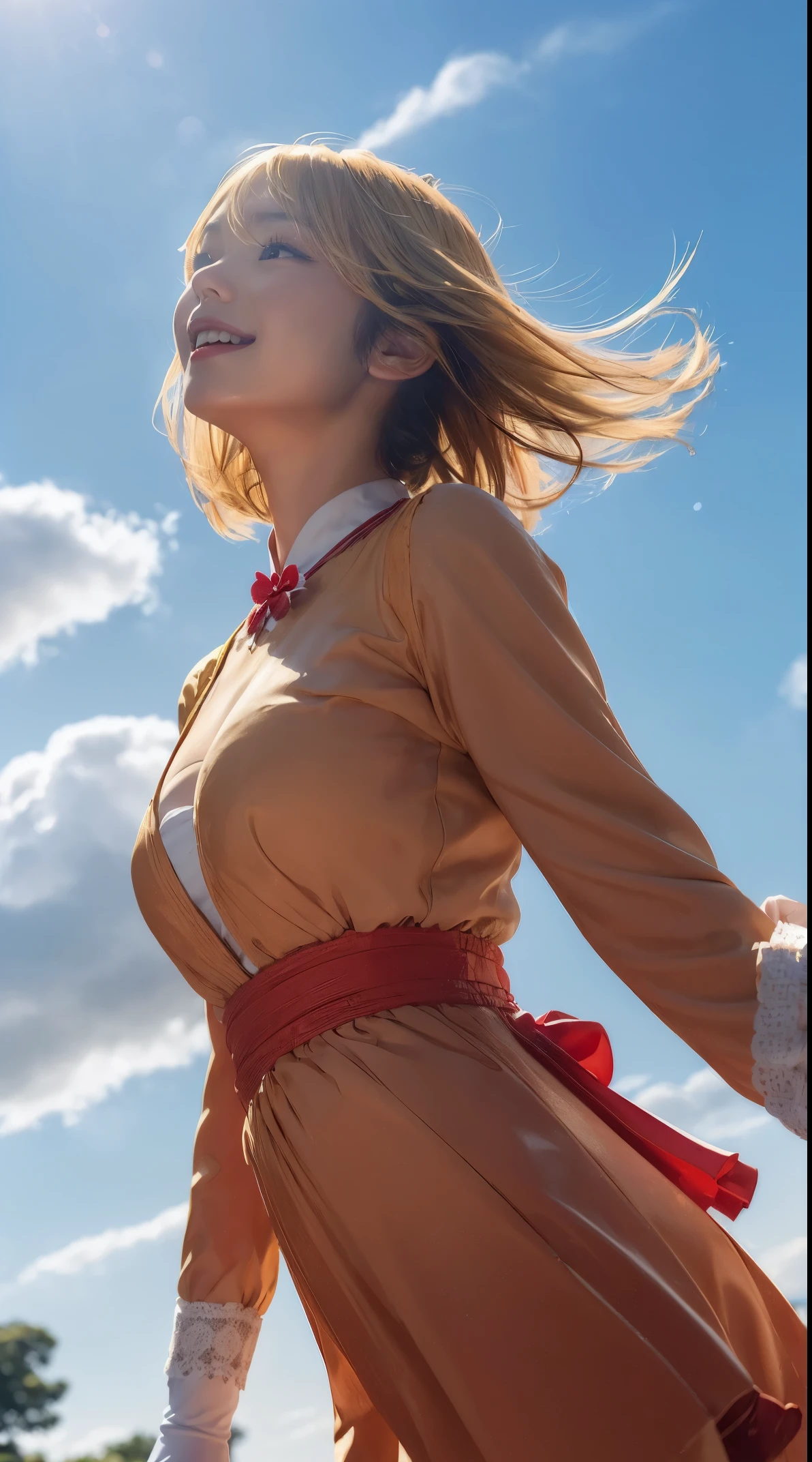 ((masterpiece,best quality)),1girl,solo, (((Chisato Nishikigi))), short hair, light yellow hair, solo, dress, detail eyes, looking at viewer, long sleeves, standing, sexy red lingerie, gloves,hair ornament, smile, floating hair, dutch angle, closed mouth, looking away, (center park),cloudy sky, blue sky, warm color,