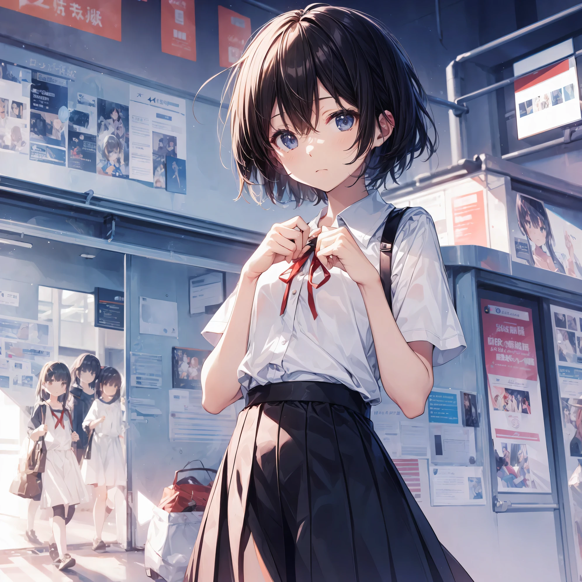 Super high quality by the art god, Ultra-detailed, High resolution, Shinkai Makoto style, anime moe art style, best anime 8K konachan wallpaper, Pixiv Contest Winner, Perfect Anatomy, BREAK,(Please draw a sleepy girl going to school alone.. ),BREAK, a hyperrealistic schoolgirl, (Solo,Lori,,13yea:1.3),Full limbs, complete fingers,a junior gynous attraction, (extra very short hair), hair messy, flat and soft chest, Small butt, groin, Small eyes,Beautiful detailed black eyes, Well-proportioned iris and pupils, disgusted eye, High resolution detailed hair, School uniform, Skirt, On the way to school. BREAK,Ultra-detailed細なスキン, Best lighting by famous artists, 8K, Illustration,