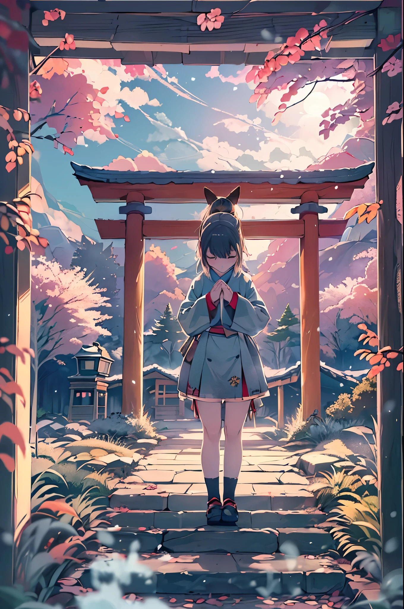 huge-breasted、kawaii、(Sunny Clothes)、torii gate、{{close up to face}}、eye closed、bbw、thick thight、big butts、Ultramammy, Winter days, Anime Background Art, japanese art style, beautiful anime scene,detailed scenery - width 672, Background art, Anime landscapes, Anime Background, Beautiful anime scenery, Beautiful peace scenes in anime, landscape artwork, Japan Village, Anime landscapesコンセプトアート, 8K))、New Year’s Day、1 moon、Pray、Praying to God with palms togethecing front、Praying, (own hands together:1.5)