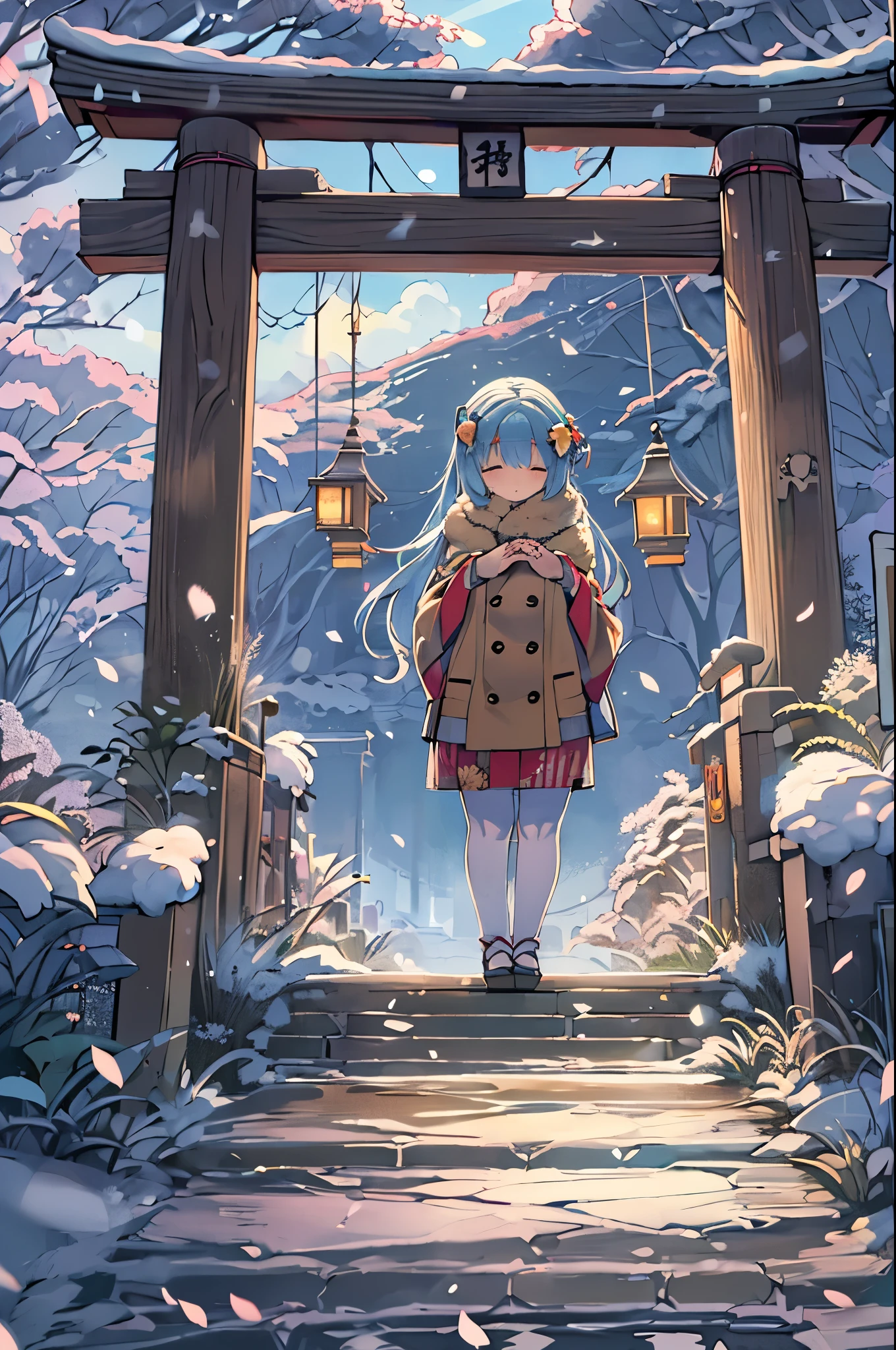 huge-breasted、kawaii、(Sunny Clothes)、torii gate、{{close up to face}}、eye closed、bbw、thick thight、big butts、Ultramammy, Winter days, Anime Background Art, japanese art style, beautiful anime scene,detailed scenery - width 672, Background art, Anime landscapes, Anime Background, Beautiful anime scenery, Beautiful peace scenes in anime, landscape artwork, Japan Village, Anime landscapesコンセプトアート, 8K))、New Year’s Day、1 moon、Pray、Praying to God with palms togethecing front、Praying, (own hands together:1.5)