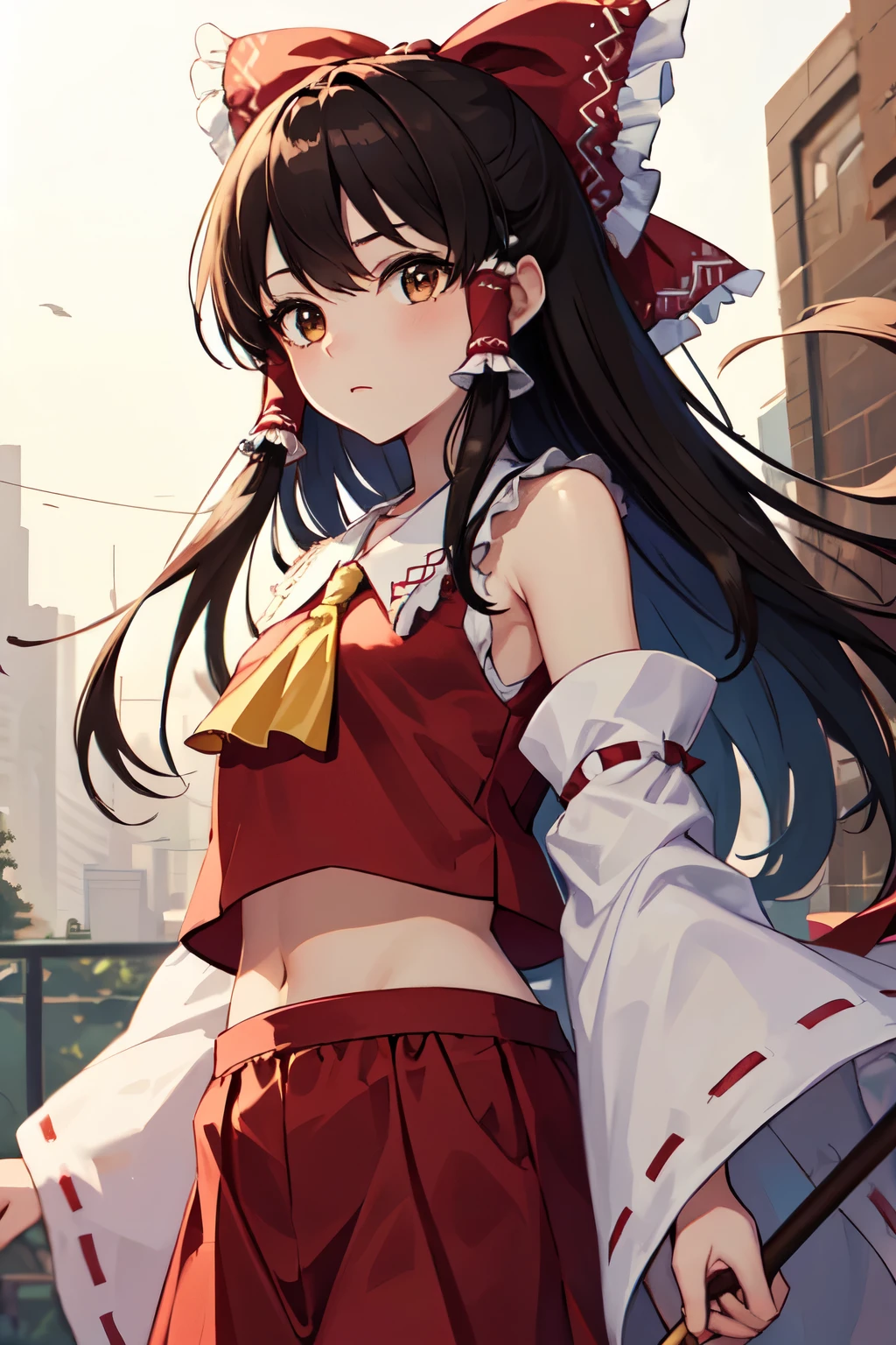 detailed background, masterpiece, best quality, 1girl, hakurei reimu, brown hair, hair tubes, hair ribbon, brown eyes, touhou project