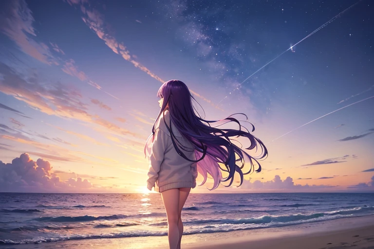 (((hight resolution)))、(in 8K)、 (((ighly detailed)))、(top-quality、​masterpiece:1.3)、((sharpnes))、ciinematic light、Full view、Vast sky、the beautiful skyline、Vast sea、Far Horizon、Distant waves、Distant islands々、Into the cloud、 extremely tense and dramatic pictures、the moving visual effects、evening moon、The moon climbed hight、the colorful natural light、White sandy beach、Girl Walking On The Beach、Wearing a sweater、Purple long hair、  Purple hair、Hair purple、  Walk on the sea、