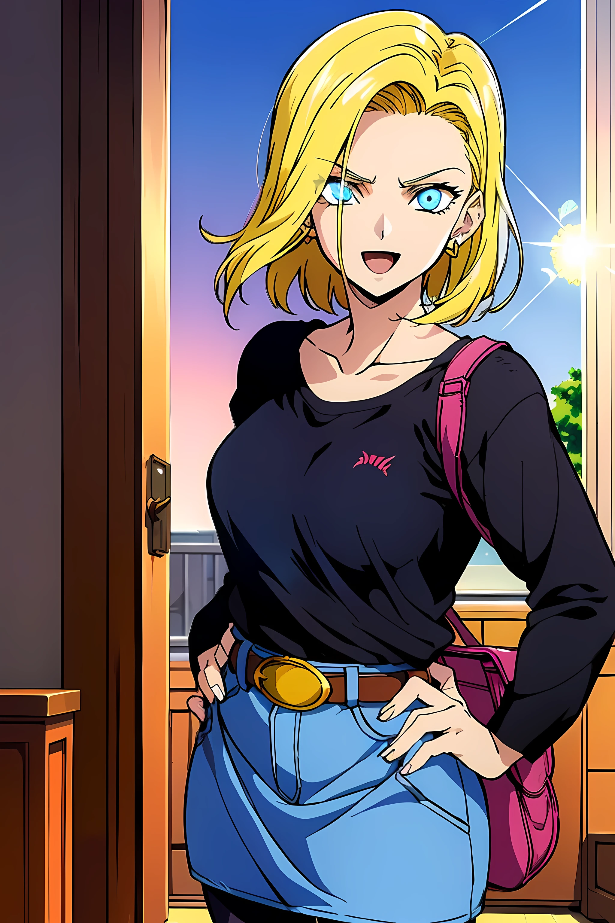 (top-quality:1.3), (masterpiece:1.4),(Anatomically correct), (Full limbs),(complete fingers),(Precise fingertip detail),(8K),Photorealista, (Best Quality), (Super Detail),(90s Anime, 9 0s Anime, 9 0 s anime style,anime cels, cel shaded anime),1girll, Android 18, Belt bag, put hands on the hip, Looking at Viewer, denim, White background, black Shirt, Short hair, denim Skirt, Solo, Skirt, Blonde hair, brown Belt bag, Blue eyes, striped sleeves, Closed mouth, Shirt, 1girl in, earring background, Jewelry, pantyhose, Long sleeves, Killer Eye, Psychotic eye,(Oil Painting,Hyper-realistic), (Detailed muscles and hair), (intensegaze),(dark backgrounds, contrasted colors), (Soft lighting in gold tones),((irate狂う)), Color Theme Red, Dramatic light, Violence Everywhere, Bloody destruction of corpses in the background, Dark and blurry background, (joyous expression:1.52), (Raging Eyes:1.24), (Blue glowing eyes:1.17), Mental breakdown, intimidation, Ways to harm, (irate:1.1), revenge, irate狂う, destruction, murder, Maniacal, eyes focus,(Masterfully crafted Glow,Sky Blue Lens Flare:1.7), (Cinematic background), Hyper-detailing, (delicate detail), (intricate detailes), octane renderings, nffsw, (Hyper-detailing:1.15), (softlight:1.2), 1girl in, beautiful a girl, ultradetailed eyes, Mature, Plump, A thick, Rainbow Paint Drop,(super model:1.Not a teardrop, Woman made up of paint, entirely paint, Splat, Splash, indoor shining hair:1.1)、(radiant eyes)、((make - up))、(Cinematic Masterpiece)、intensely、Powerful、splashes of colour absolutely eye-catching、(Cinematic headlight)、((coustics))、dynamic ungle、beautiful detailed brilliance、Ambient Occlusion、ambient lights、ray trace reflection、(The best lighting、extremely delicate and beautiful)、((ciinematic light))、