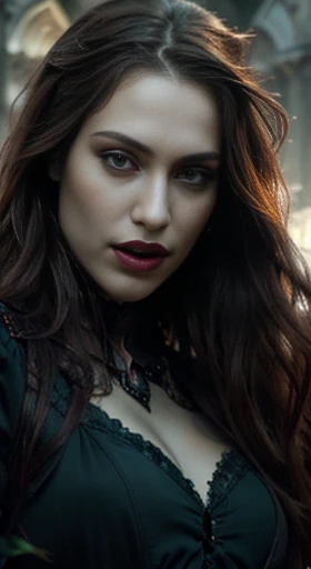 (best quality,ultra-detailed,photorealistic),young woman vampire, beautiful bright eyes, dark red mascara, detailed lips with green lipstick, pensive expression, soft lighting,vibrant colors, long flowing Reddish hair, stylish vampire outfit, cemetery background, dark night,serene atmosphere, hourglass figure, 4k details, erotic face, full body pose, shown vampire teeth