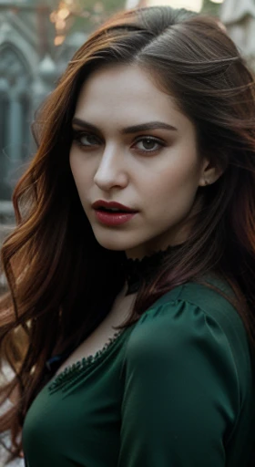 (best quality,ultra-detailed,photorealistic),young woman vampire, beautiful bright eyes, dark red mascara, detailed lips with green lipstick, pensive expression, soft lighting,vibrant colors, long flowing Reddish hair, stylish vampire outfit, cemetery background, dark night,serene atmosphere, hourglass figure, 4k details, erotic face, full body pose, shown vampire teeth