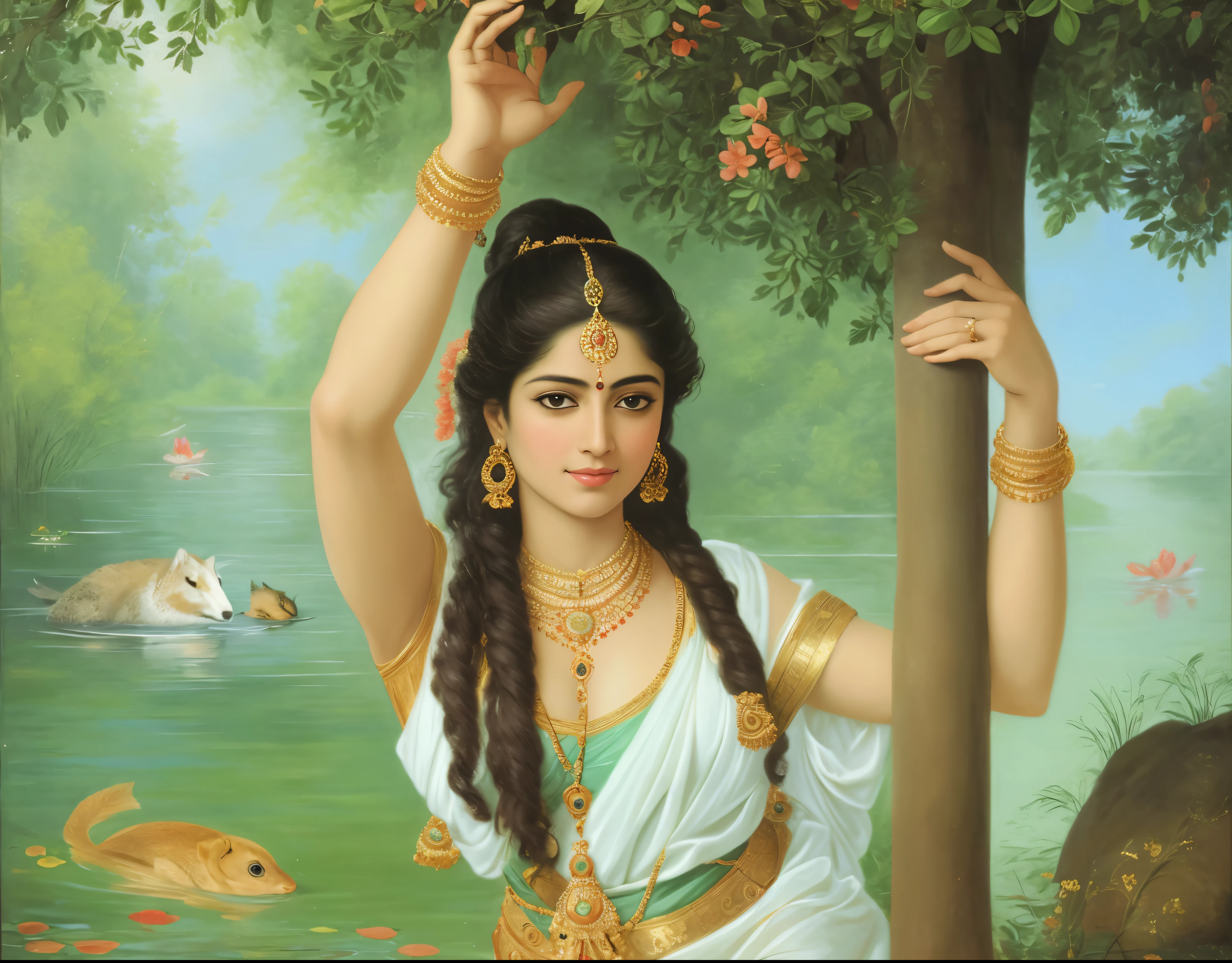 Beautiful Indian Woman, wearing saree, sari Beauty, gorgeous, Apsara, Maharani, royal queen woman, nymph from Hindu Mythology, Urvashi, matchless beauty, Highly detailed, Oil Painting by Peter Paul Rubens inspired by Raja Ravi Varma, Matchless beauty, captivating, gorgeous, heavenly beauty, celestial beauty, by Peter Paul Rubens, 1893, realistic, hyper realistic, micro details, incredible artwork, insane details, ultra High resolution, 8k, 32k, acrylic on canvas, intricate, flawless, detailed, detailed face, detailed eyes, masterpiece, by Peter Paul Rubens, by Caravaggio, by William Adolphe bouguereau, perfect face, perfect body, beautiful art, realism, baroque, renaissance Art, highly textured, beautiful and detailed eyes, uhd, best quality,