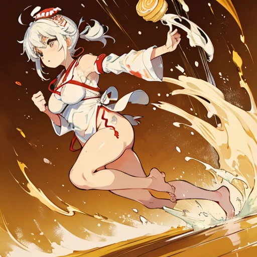 Half-naked pastry chef covered in fresh cream curry ramen running、Severely torn clothes are scattered、Unstable buoyancy sandstorm、Amazing dynamism、Amazing Angle