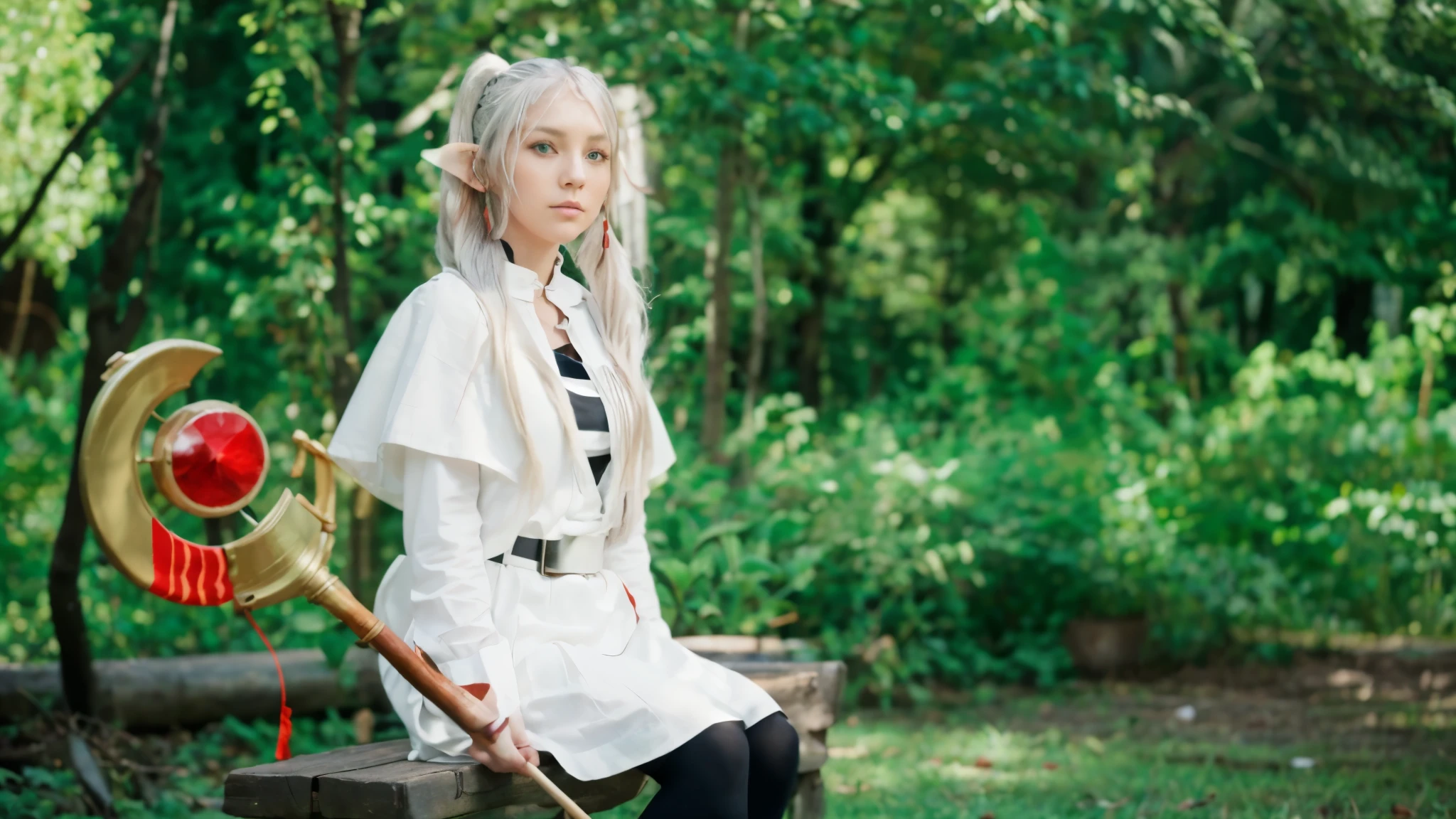 masterpiece, best quality, perfect anatomy, FrierenBase, twintails, earrings, white capelet, striped shirt, white skirt, long sleeves, belt, black pantyhose, staff, outdoors, forest, sitting, landsacape