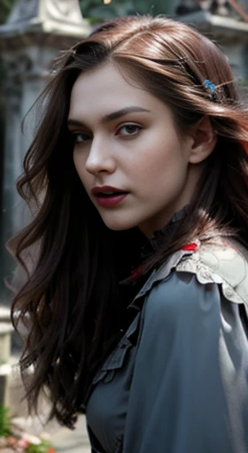 (best quality,ultra-detailed,photorealistic),young woman vampire, beautiful bright eyes, dark red mascara, detailed gray lips with gray lipstick, pensive expression, soft lighting,vibrant colors, long flowing Reddish hair, stylish vampire outfit, cemetery background, dark night,serene atmosphere, hourglass figure, 4k details, erotic face, full body pose, shown vampire teeth