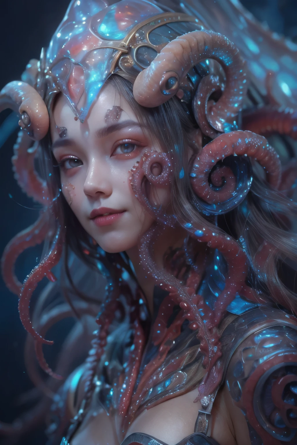 Portrait, (beautiful female alien:1.2), (she has red eyes with no pupils:1.8), (Translucent skin:1.7), (There is a female genital-like organ in the middle of the forehead:1.9), (The most beautiful face in the history of the universe:1.2),an evil gaze that seduces, (large mouth:1.1), (sharp teeth like a vampire:1.2), Full body like, (bio luminescent:1.5), (Smile wickedly:1.3), (sexypose:1.5), alien, No humans, cells are fused, (Lots of translucent tentacles:1.3) extraterrestrial, cell, bio image, Best Quality, 8K,4K_quality, High Definition, Dramatic Lighting, masutepiece:1.5,cinematic quality, detail up, (Intricate details:1.2), High resolution, High Definition, drawing faithfully, (Thick eyebrows:1.2), Beautiful eyes with fine symmetry,(Highly detailed face and eyes:1.2), Intimate face, (Super detailed skin quality feeling:1.4), Perfect Anatomy, (Beautiful toned body:1.5), (Moist skin:1.2), No makeup, (dark circles:1.1), long canines, cinematic drawing of characters, ultra high quality model, cinematic quality, detail up, (Intricate details:1.2), High resolution, High Definition, drawing faithfully, Official art, Unity 8K wall , 8K Portrait, Best Quality, Very High resolution, ultra detailed artistic photography, midnight aura, unreal enginee 5, Ultra Sharp Focus, art by alberto seveso, ArtGerm, Roisch, intricate artwork, best quality, masutepiece, ultra High resolution, (photos realistic:1.4), Ultra-realistic realism, dream-like, nautilus, Creation of fantasy, Snail, Dream Snail, biopunk nautilus, Thrilling color schemes, Ultra-realistic realism, seductively smiling, Blue tentacles,