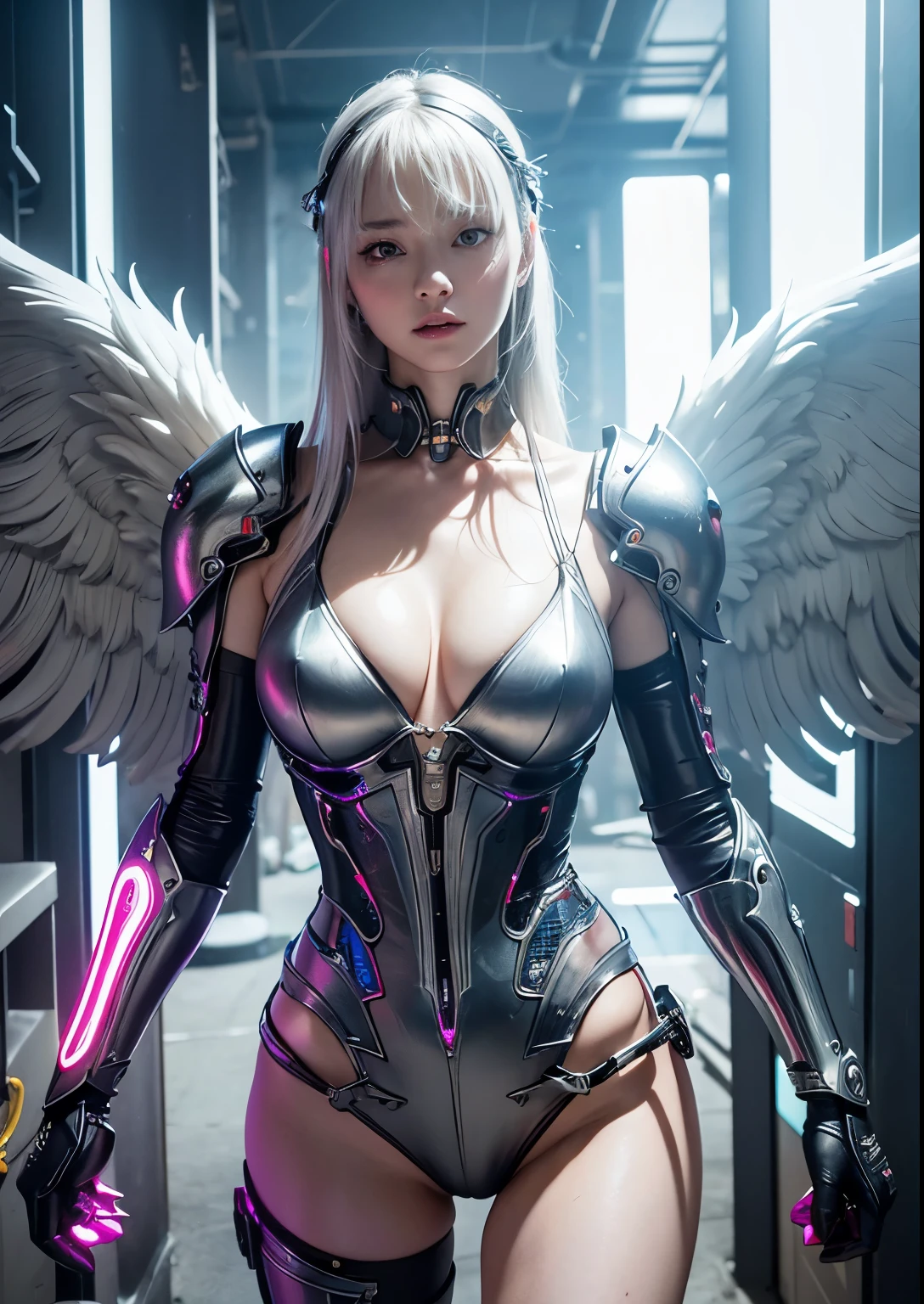 top-quality、masterpiece、high resolution、(Photorealsitic:1.4)、Raw photo、Battle Cyborg Angel、large wings made of metal、White porcelain body、Acrylic Clear Cover、white hair、glowy skin、1 Cyborg Girl、((super realistic details))、portlate、globalillumination、Shadow、octan render、8K、ultrasharp、character edge light,Colossal tits、Raw skin is exposed in cleavage、Details of complex ornaments、More about Rome、Hydraulic cylinder、Small LED lamp、highly intricate detail、Realistic light、a purple eye、radiant eyeacing the camera、neon details、cowboy shot、Futuristic headgear、About Cyberpunk、、