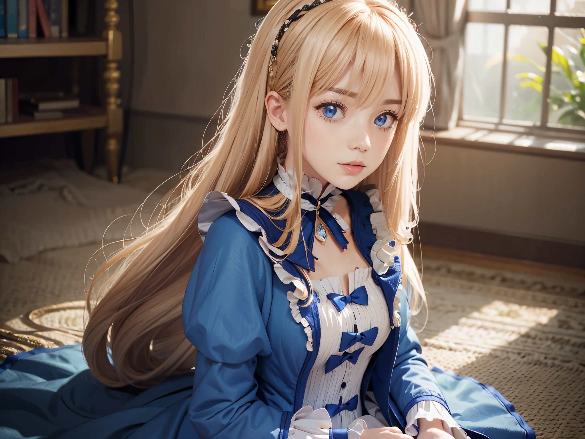 Raw Photography, High Resolution, Realistic, Masterpiece, 16 year old, Mia Luna Tearmoon, Looking at Viewer, Solo, Full Body Shot, Victorian Era, Garden Mansion, Detailed cute and beautiful face, White shiny skin, bangs, Blonde Super Long Straight Silky Hair, finer hair, Blue Eyes, Crown