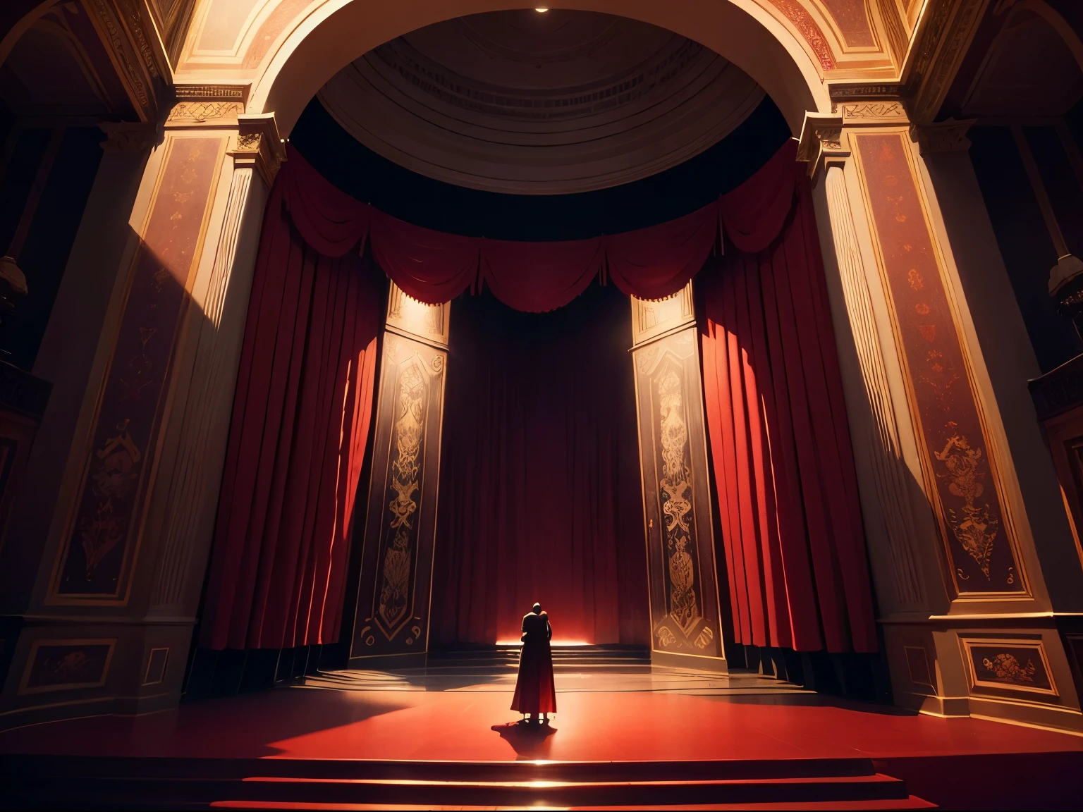 Classic style, Look up at the perspective, Smooth shadows, High complexity, tmasterpiece,Grand Theatre,nigth,scarlet curtain,three dark figures