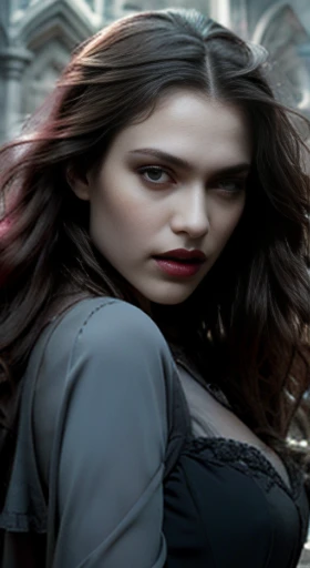 (best quality,ultra-detailed,photorealistic),young woman vampire queen, beautiful bright eyes, dark red mascara, detailed gray lips with gray lipstick, pensive expression, soft lighting,vibrant colors, long flowing Reddish hair, stylish vampire outfit, cemetery background, dark night,serene atmosphere, hourglass figure, 4k details, erotic face,  full body pose,  shown vampire teeth