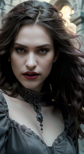 (best quality,ultra-detailed,photorealistic),young woman vampire queen, beautiful bright eyes, dark red mascara, detailed gray lips with gray lipstick, pensive expression, soft lighting,vibrant colors, long flowing Reddish hair, stylish vampire outfit, cemetery background, dark night,serene atmosphere, hourglass figure, 4k details, erotic face,  full body pose,  shown vampire teeth