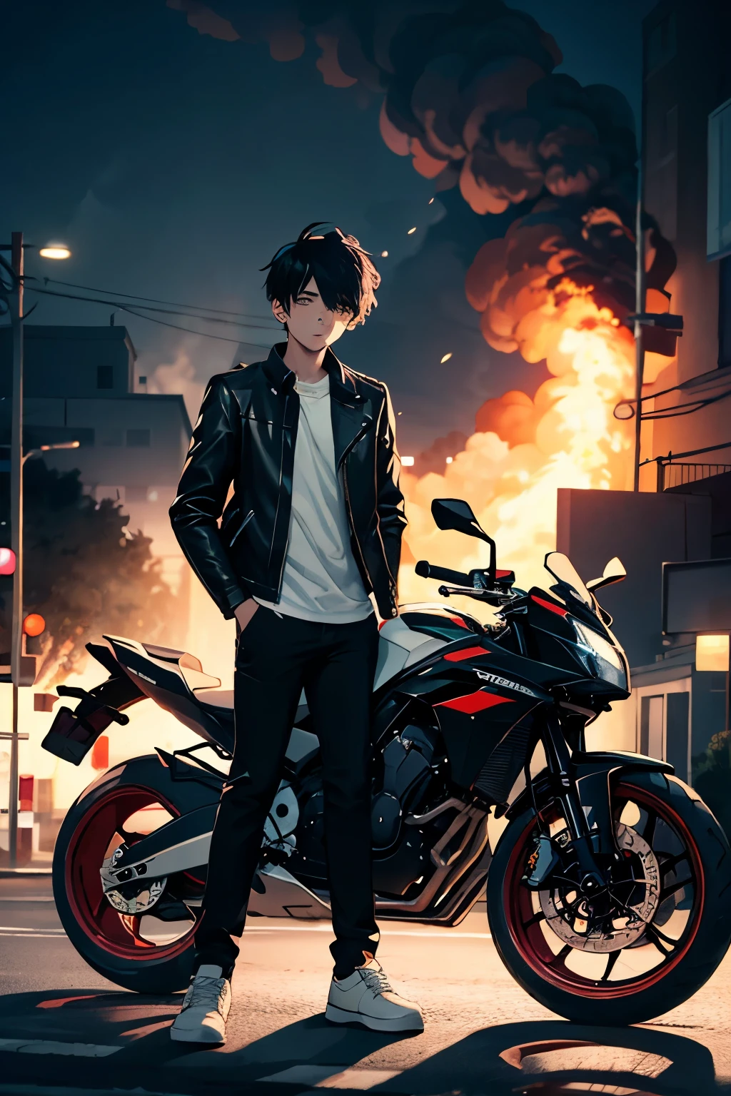 aged emo boy with a black sportsbike with red rims wearing a leather jacket,white shirt,black pants,and white shoes with black hair with a building on fire behind him at night