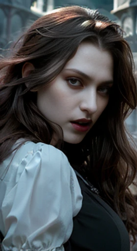 (best quality,ultra-detailed,photorealistic),young woman vampire queen, beautiful bright eyes, dark red mascara, detailed gray lips with gray lipstick, pensive expression, soft lighting,vibrant colors, long flowing Reddish hair, stylish vampire outfit, cemetery background, dark night,serene atmosphere, hourglass figure, 4k details, erotic face, full body pose, shown vampire teeth in angry look