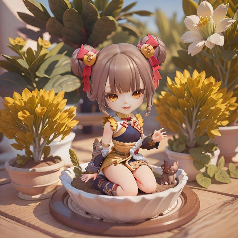 Cute Baby Chibi selena mobile legend,(((Chibi 3D))) (Best Quality) (Master Price)、(Chibi :1.3)、Sitting on smoky pink flowers、specimen、houseplant、Open your mouth and smile