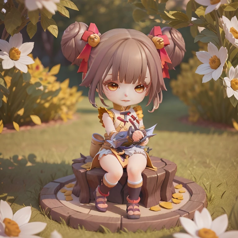 Cute Baby Chibi selena mobile legend,(((Chibi 3D))) (Best Quality) (Master Price)、(Chibi :1.3)、Sitting on smoky pink flowers、specimen、houseplant、Open your mouth and smile