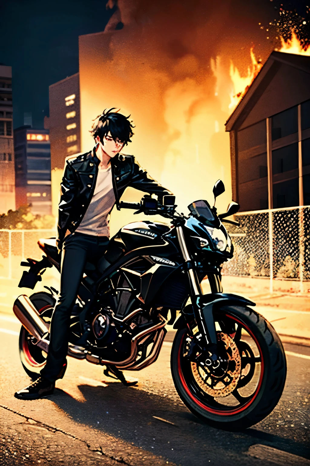 teenaged emo boy with a black sportsbike with red rims wearing a leather jacket,white shirt,black pants,and white shoes with black hair with a building on fire behind him at night