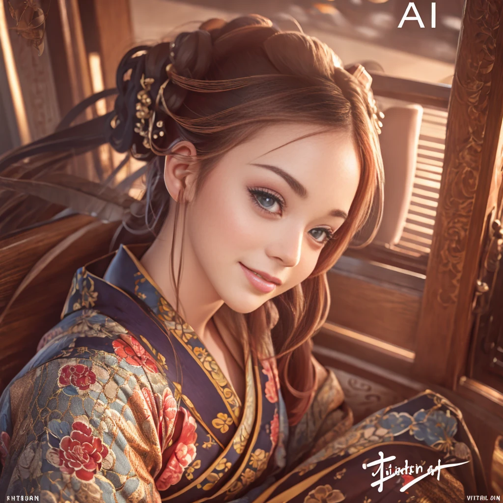 winter new year event announcement poster, (Best Quality,Photorealistic),Solo,beautiful japanese female,Traditional kimono,Natural posture,Gentle smile,Impressive gaze,Traditional hairstyle,Tatami room at dusk,Sitting by the window,Illuminated by city lights,(Engaging pose),Professional Photographer,Shallow depth of field,Backlight, Leaning forward, In a pose that looks like sitting straight facing the front., Hands on the floor, Tilt your head and look up, Smiling face, I would like to thank the viewers., within the screen「Wish you a happy new year！」enter the text characters of