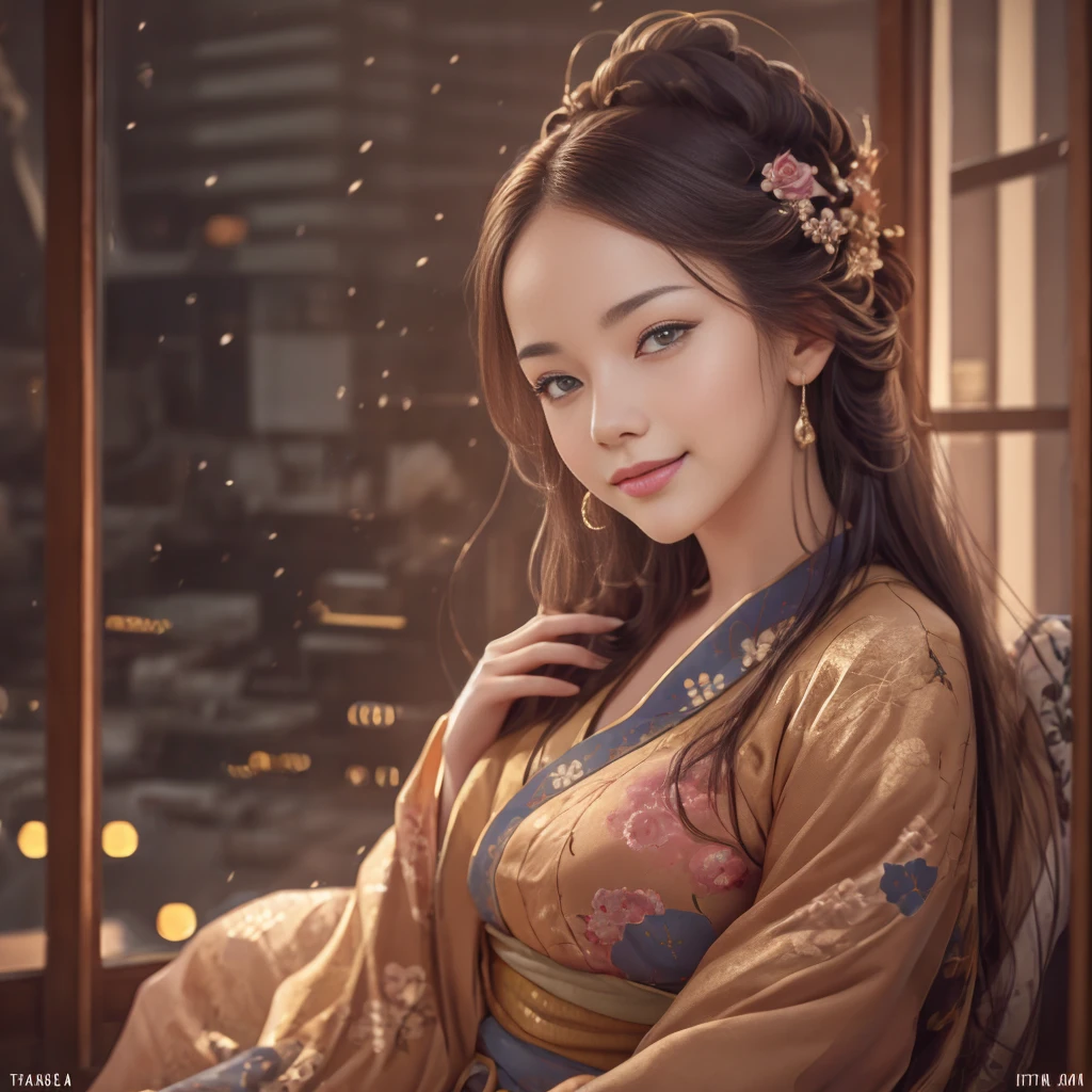 winter new year event announcement poster, (Best Quality,Photorealistic),Solo,beautiful japanese female,Traditional kimono,Natural posture,Gentle smile,Impressive gaze,Traditional hairstyle,Tatami room at dusk,Sitting by the window,Illuminated by city lights,(Engaging pose),Professional Photographer,Shallow depth of field,Backlight, Leaning forward, In a pose that looks like sitting straight facing the front., Hands on the floor, Tilt your head and look up, Smiling face, I would like to thank the viewers., within the screen「Wish you a happy new year！」enter the text characters of