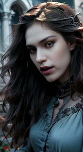 (best quality,ultra-detailed,photorealistic),young woman vampire queen, beautiful bright eyes, dark red mascara, detailed gray lips with gray lipstick, pensive expression, soft lighting,vibrant colors, long flowing Reddish hair, stylish vampire outfit, cemetery background, dark night,serene atmosphere, hourglass figure, 4k details, face, full body pose,