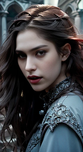 (best quality,ultra-detailed,photorealistic),young woman vampire queen, beautiful bright eyes, dark red mascara, detailed gray lips with gray lipstick, pensive expression, soft lighting,vibrant colors, long flowing Reddish hair, stylish vampire outfit, cemetery background, dark night,serene atmosphere, hourglass figure, 4k details, erotic face, full body pose,