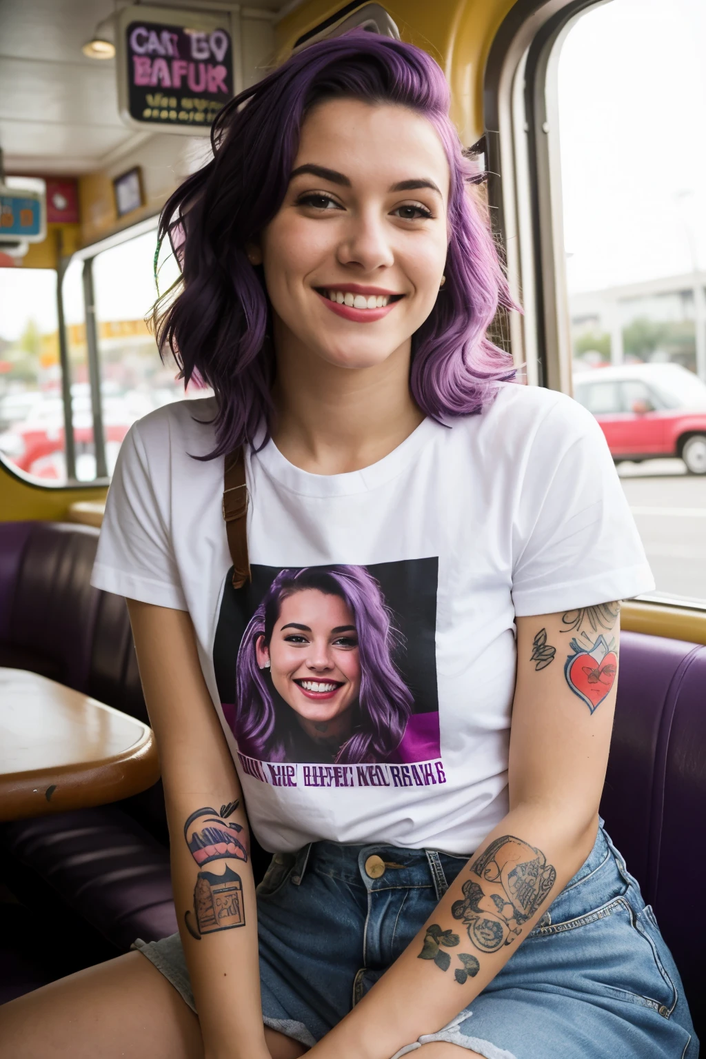 street photography photo of a young woman with purple hair, smile, happy, cute t-shirt, tattoos on her arms, sitting in a 50s diner