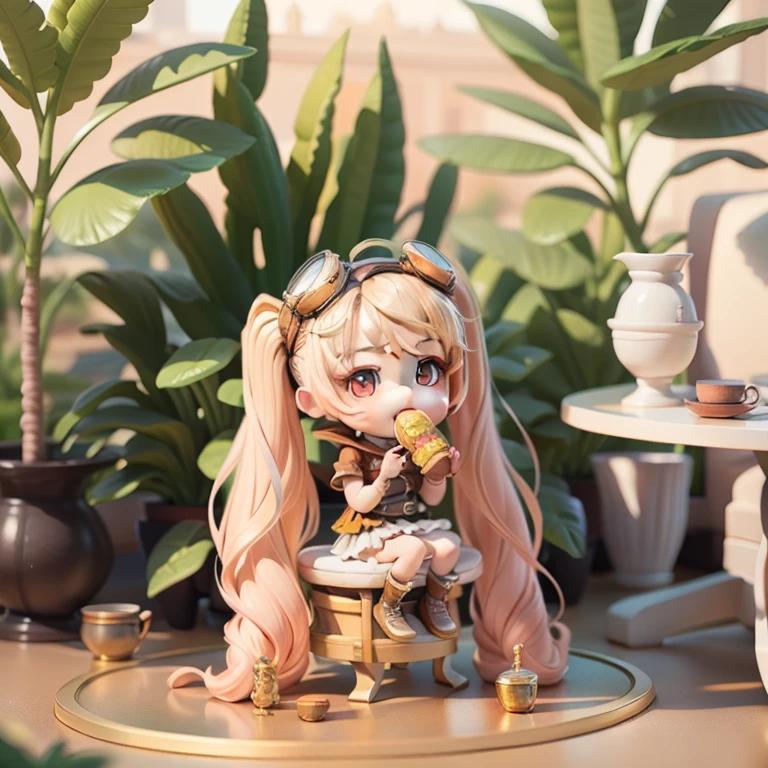 Cute Baby Chibi selena mobile legend,(((Chibi 3D))) (Best Quality) (Master Price)、(Chibi :1.3)、Sitting on smoky pink flowers、specimen、houseplant、Open your mouth and smile