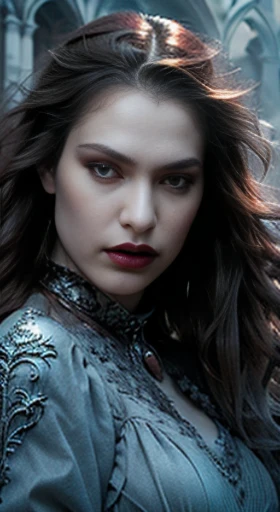 (best quality,ultra-detailed,photorealistic),young woman vampire queen, beautiful bright eyes, dark red mascara, detailed gray lips with gray lipstick, pensive expression, soft lighting,vibrant colors, long flowing Reddish hair, stylish vampire outfit, cemetery background, dark night, malign atmosphere, hourglass figure, 4k details, erotic face,  full body pose,